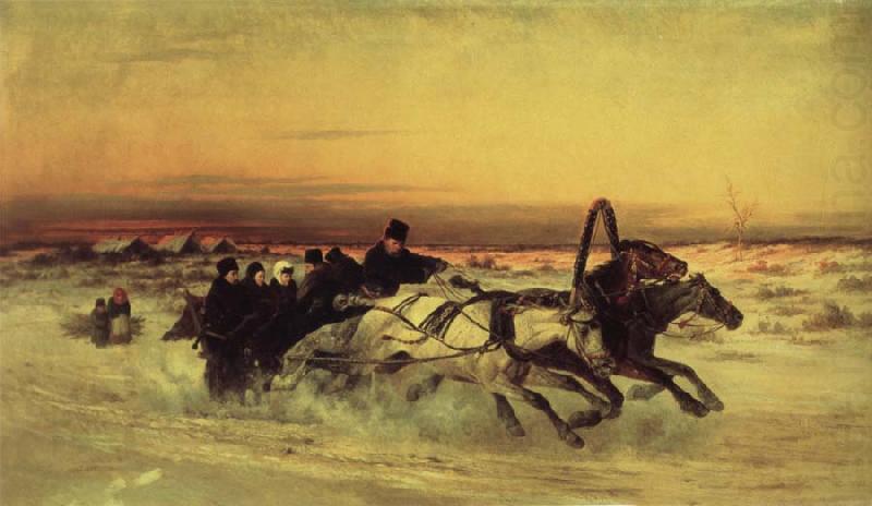 Oil undated a Wintertroika in the gallop in sunset, unknow artist